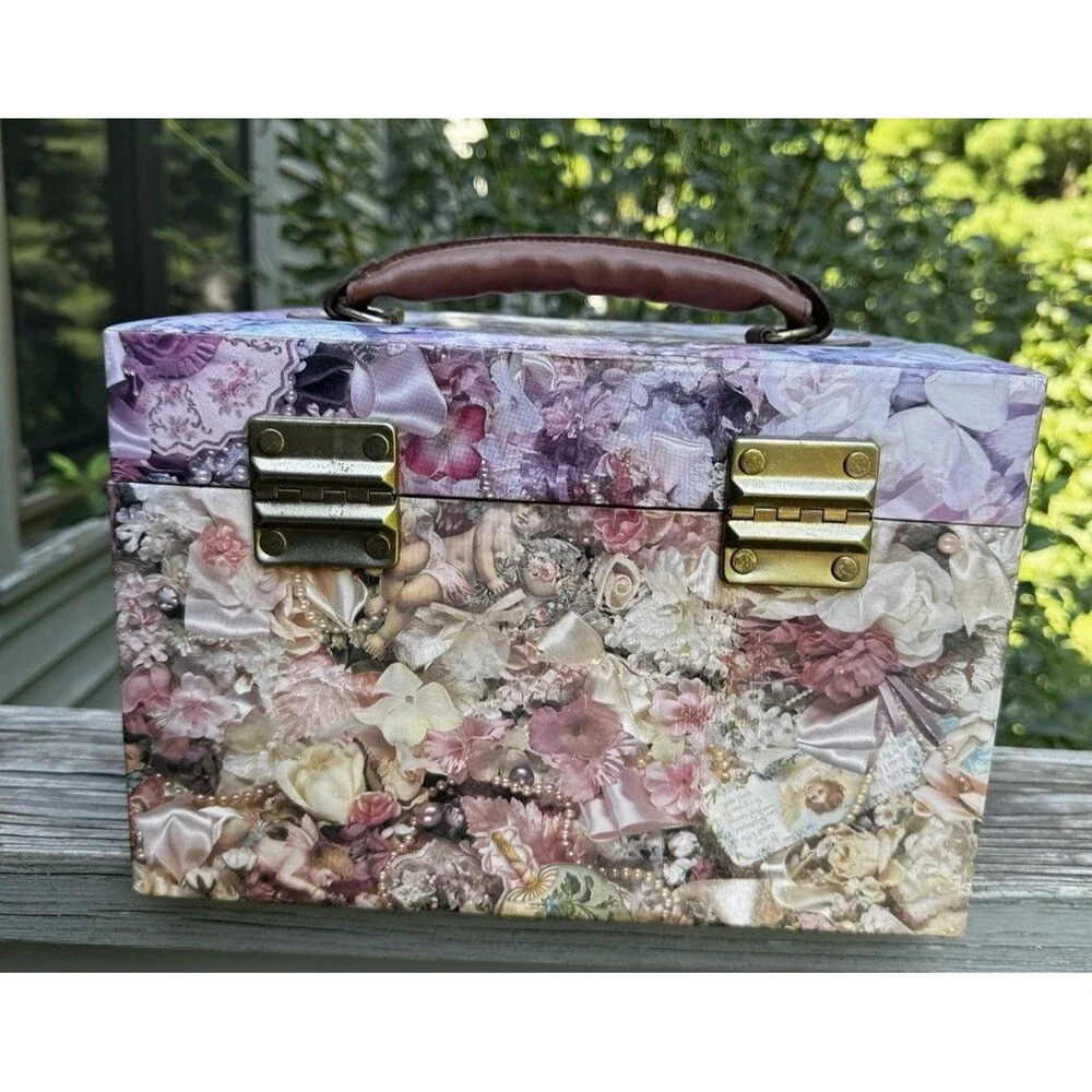 Shabby Chic Romantic Floral Cherub Train Case Jewelry Box Mirror Lid⁠